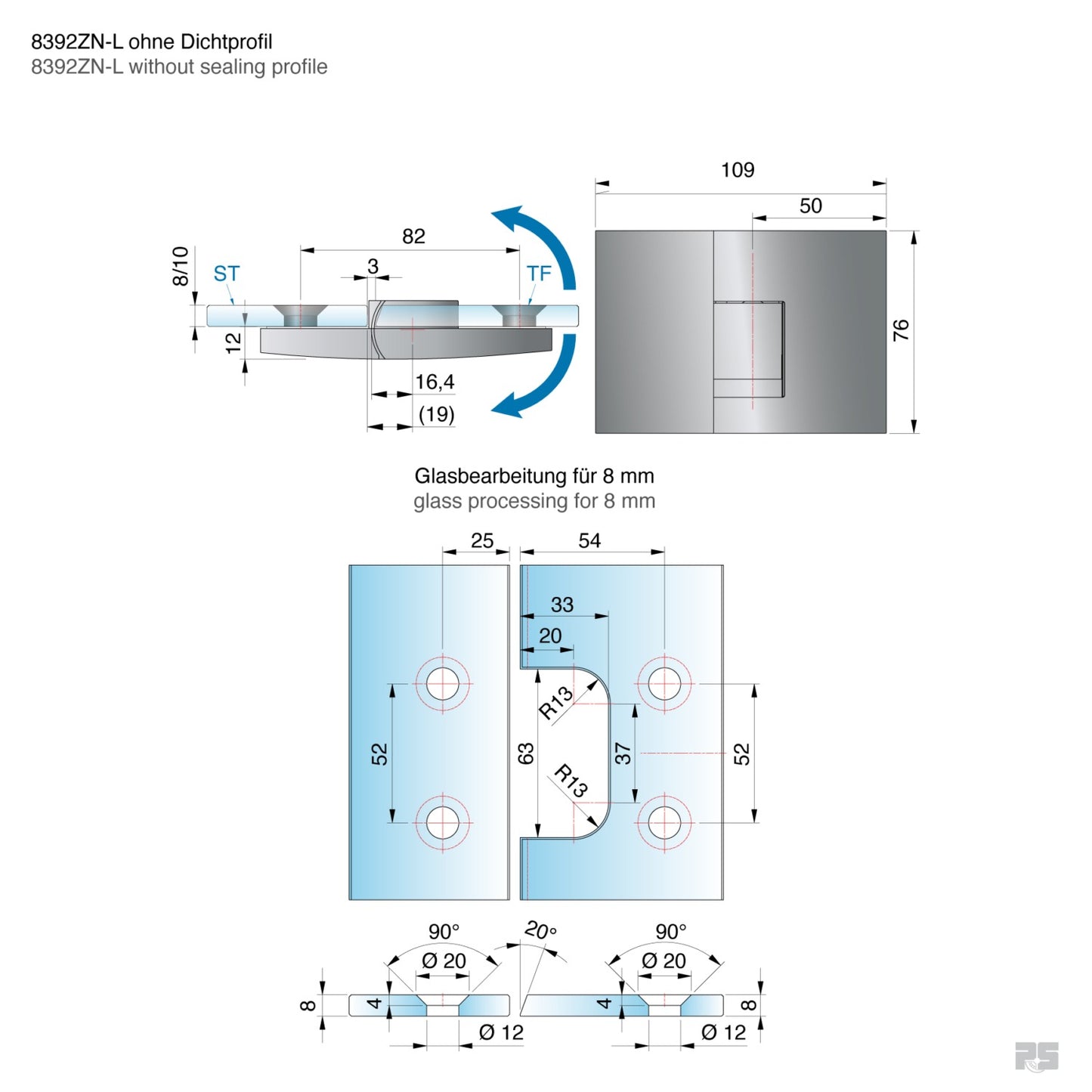 Pavone douchescharnier glas/glas 180° - 8392 - Technische Tekening