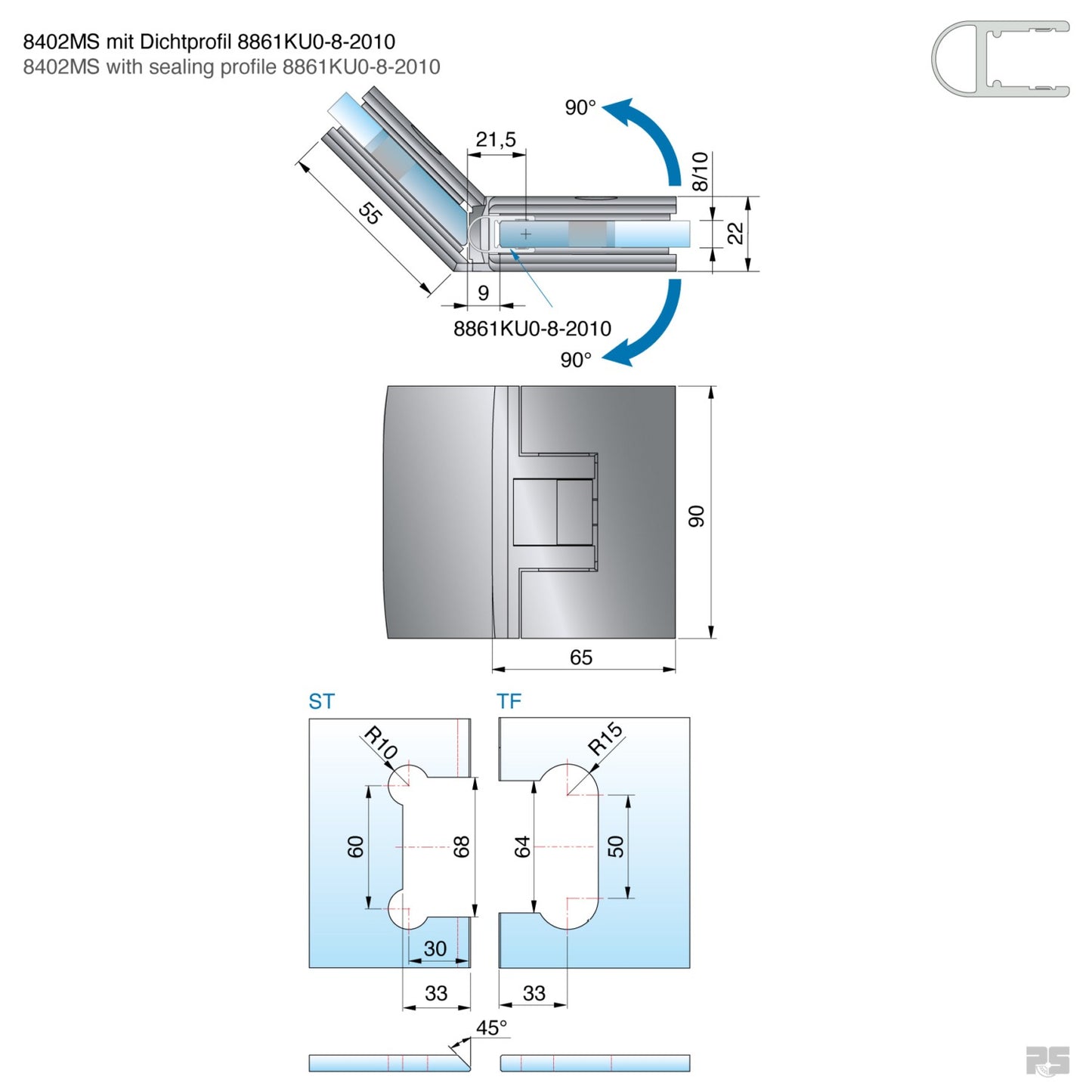 Pontere douchescharnier glas/glas 135° - 8402 - Technische Tekening