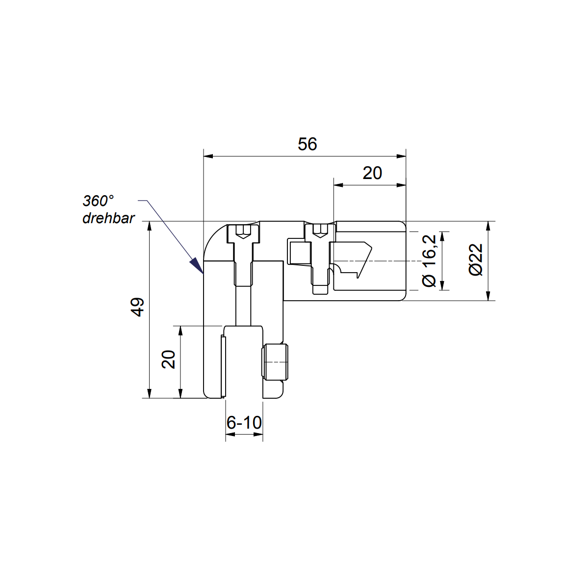 Glasaansluiting hoek 90° verstelbaar - 8744 GL - Technische Tekening