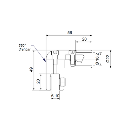 Glasaansluiting hoek 90° verstelbaar - 8744 GL - Technische Tekening