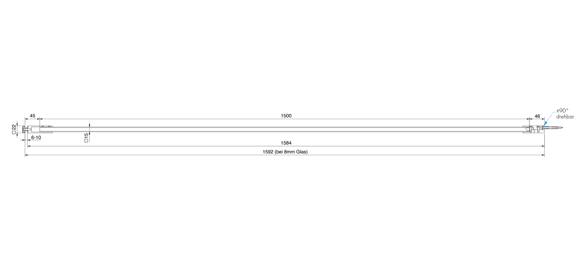 Stabilisatiestang set glas-wand 1500 mm - 8798 - Technische Tekening