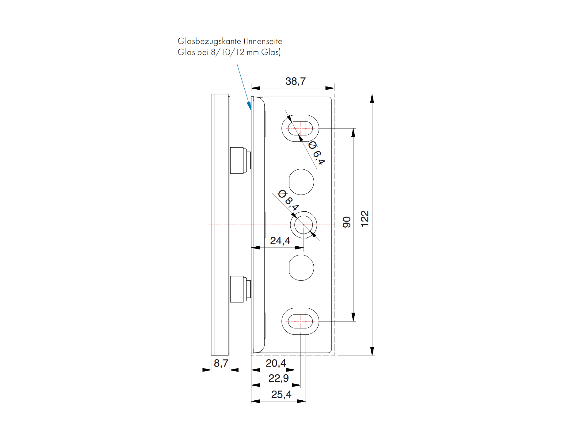 Tura glasklem wand/glas 90° - 8968 - Technische Tekening